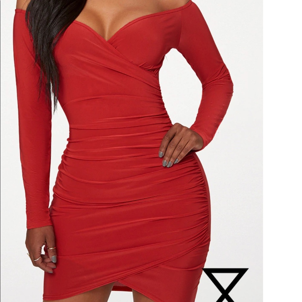 Red Slinky Ruched Detail Off Shoulder Bardot Dress